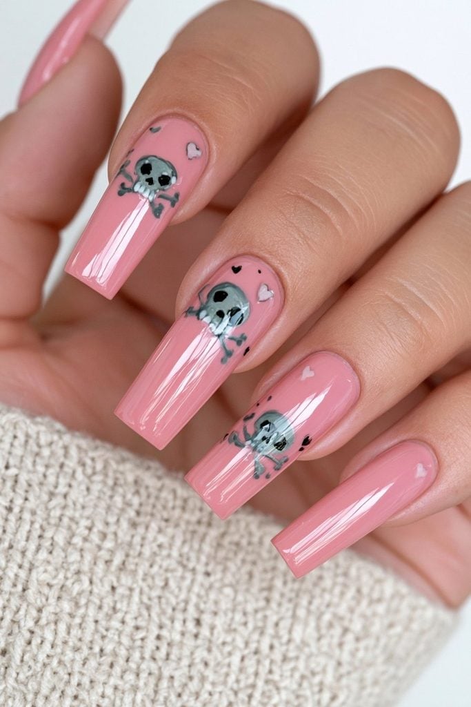 Long Coffin Pink Grey Black Skull Crossbones Nails — Cute Skull Nails
