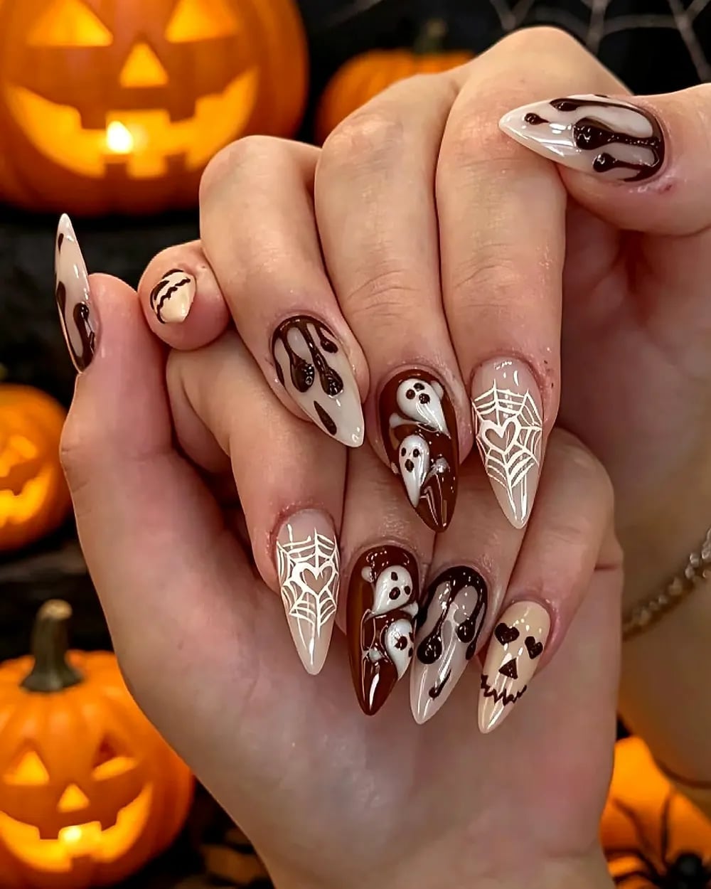 Medium Almond Brown Milky White Skull Spiderweb Nails — Cute Skull Nails