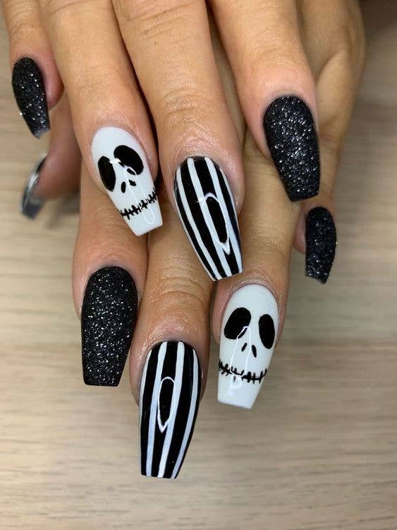 Long Coffin Black Glitter White Skull Striped Nails — Cute Skull Nails