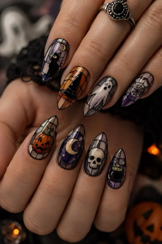 Medium Stiletto Stained Glass Skull Nails — Cute Skull Nails