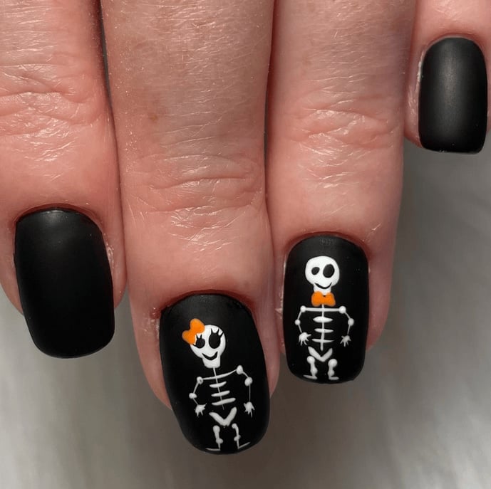 Short Square Matte Black White Orange Skeleton Nails — Cute Skull Nails