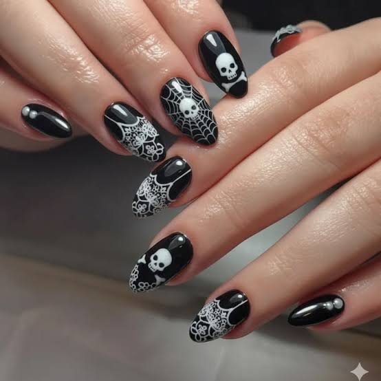 Glossy Black Medium Almond Nails With White Skulls — Cute Skull Nails