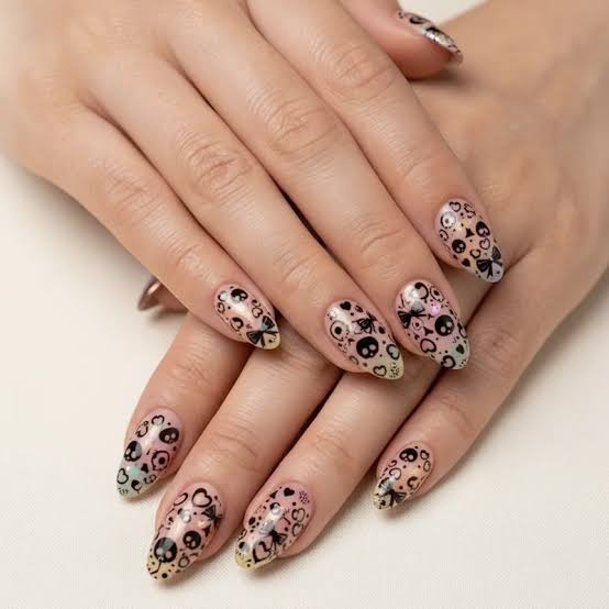 Nude Base Short Almond Skull And Bow Nails — Cute Skull Nails