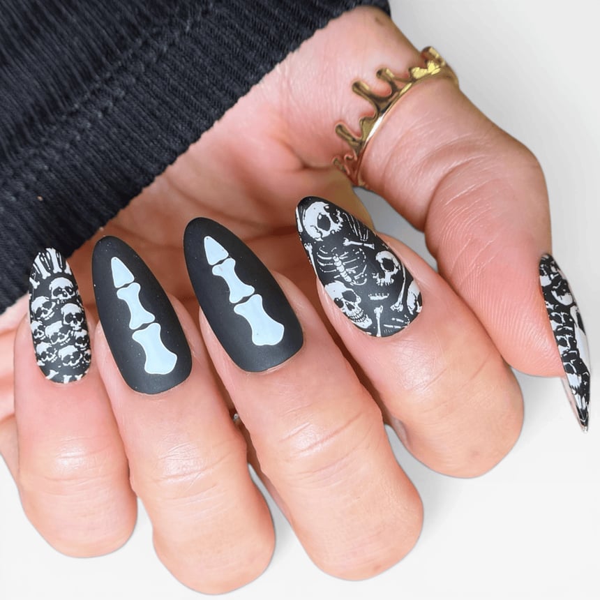 Matte Black Medium Almond Skeleton Bone Nails — Cute Skull Nails