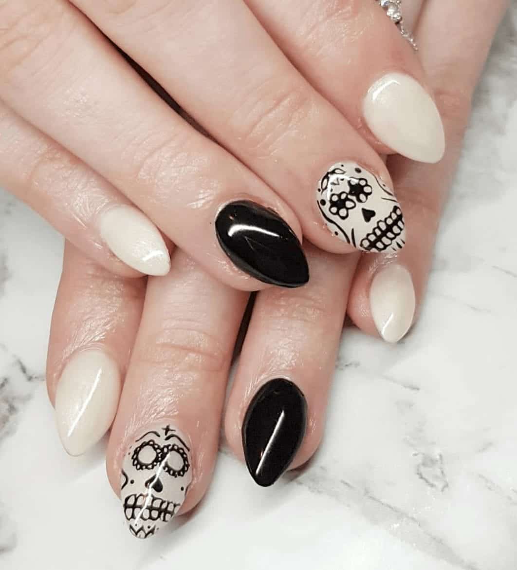 Medium Almond Black Cream And White Skull Nails — Cute Skull Nails