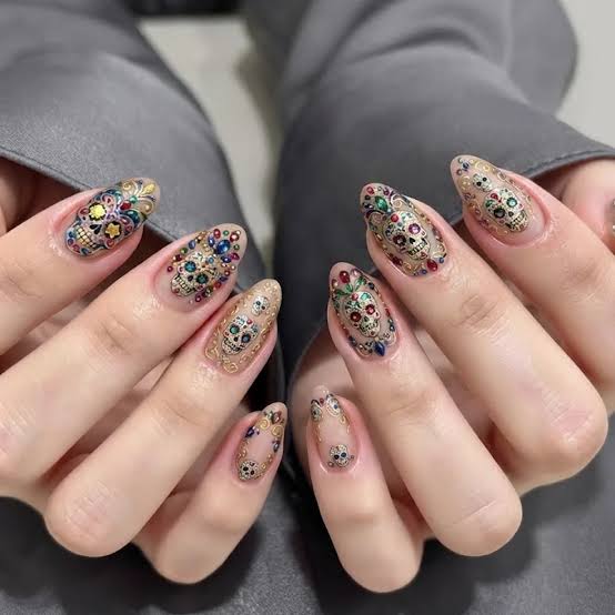 Medium Almond Nude Sugar Skull Nails — Cute Skull Nails