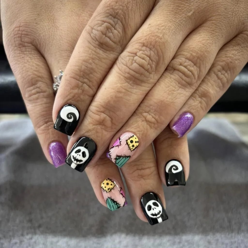 Short Square Black White Purple Skull Nails — Cute Skull Nails