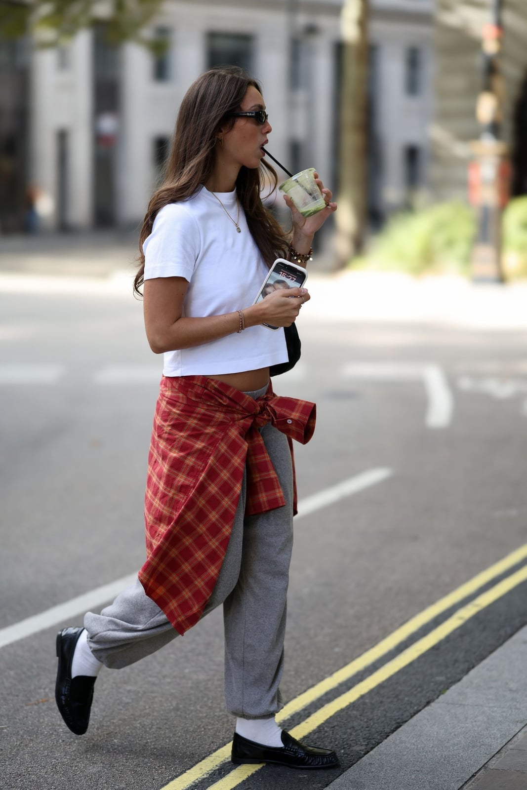 Grey Sweatpants With Plaid Shirt Tied At Waist — Cute Sweatpants Outfit Inspo