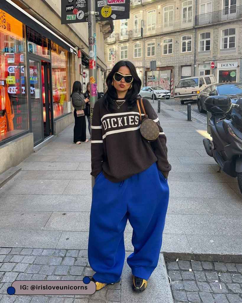 Blue Wide-Leg Sweatpants With Striped Sweater — Cute Sweatpants Outfit Inspo