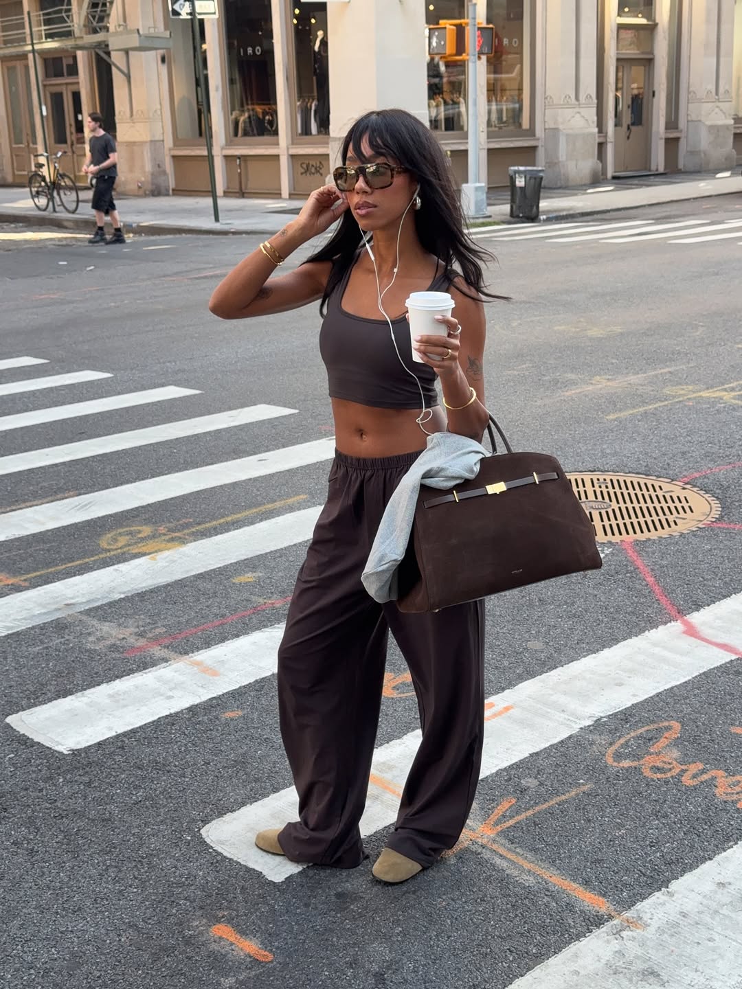 Dark Grey Satin Wide-Leg Pants With Crop Top — Cute Sweatpants Outfit Inspo