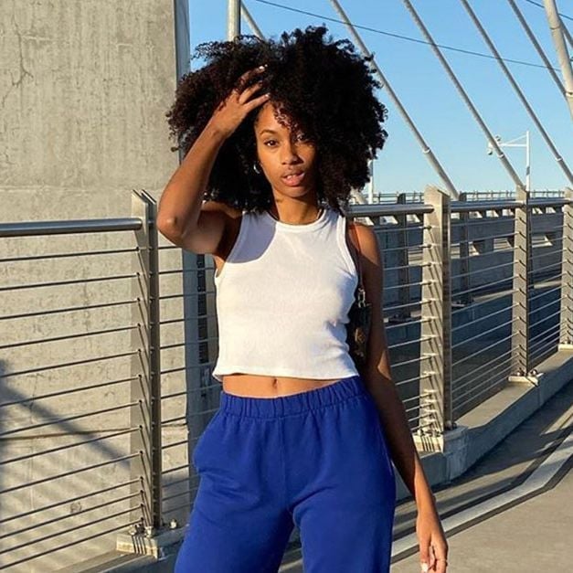 Bright Blue Sweatpants With White Tank Top — Cute Sweatpants Outfit Inspo