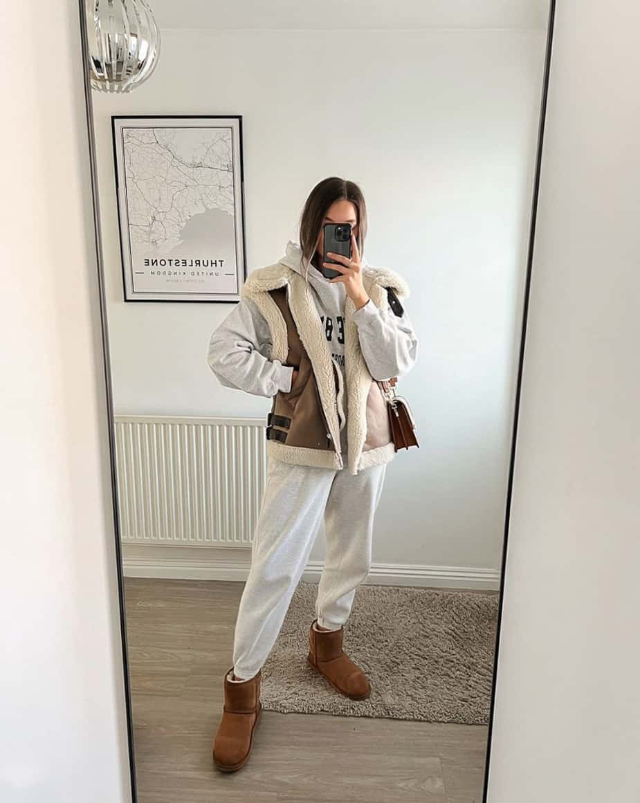 Light Grey Sweatpants With Shearling Vest and Relaxed Fit — Cute Sweatpants Outfit Inspo