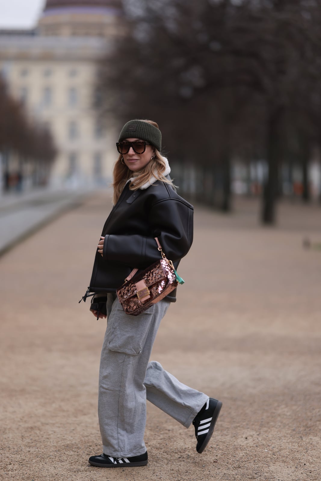 Grey Cargo Sweatpants With Leather Bomber Jacket — Cute Sweatpants Outfit Inspo