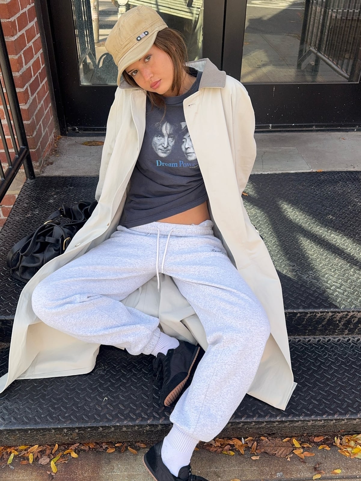 Grey Sweatpants With Graphic Tee And Trench Coat — Cute Sweatpants Outfit Inspo