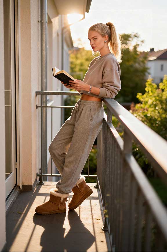Grey Sweatpants With Cropped Sweatshirt And Ugg Boots — Cute Sweatpants Outfit Inspo