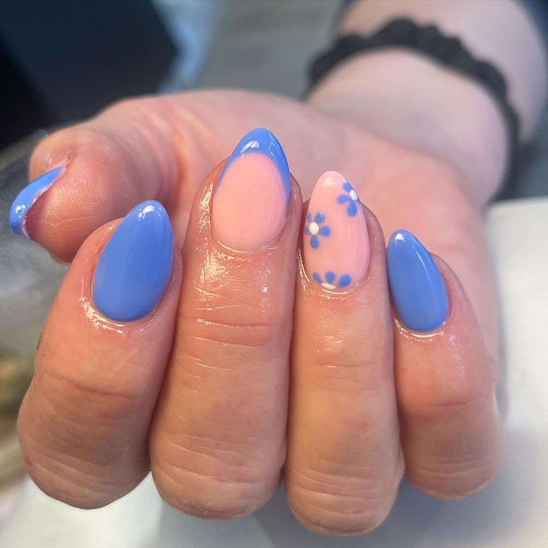 Periwinkle Blue Flower Decal Almond Nails — Cute Trendy Nails