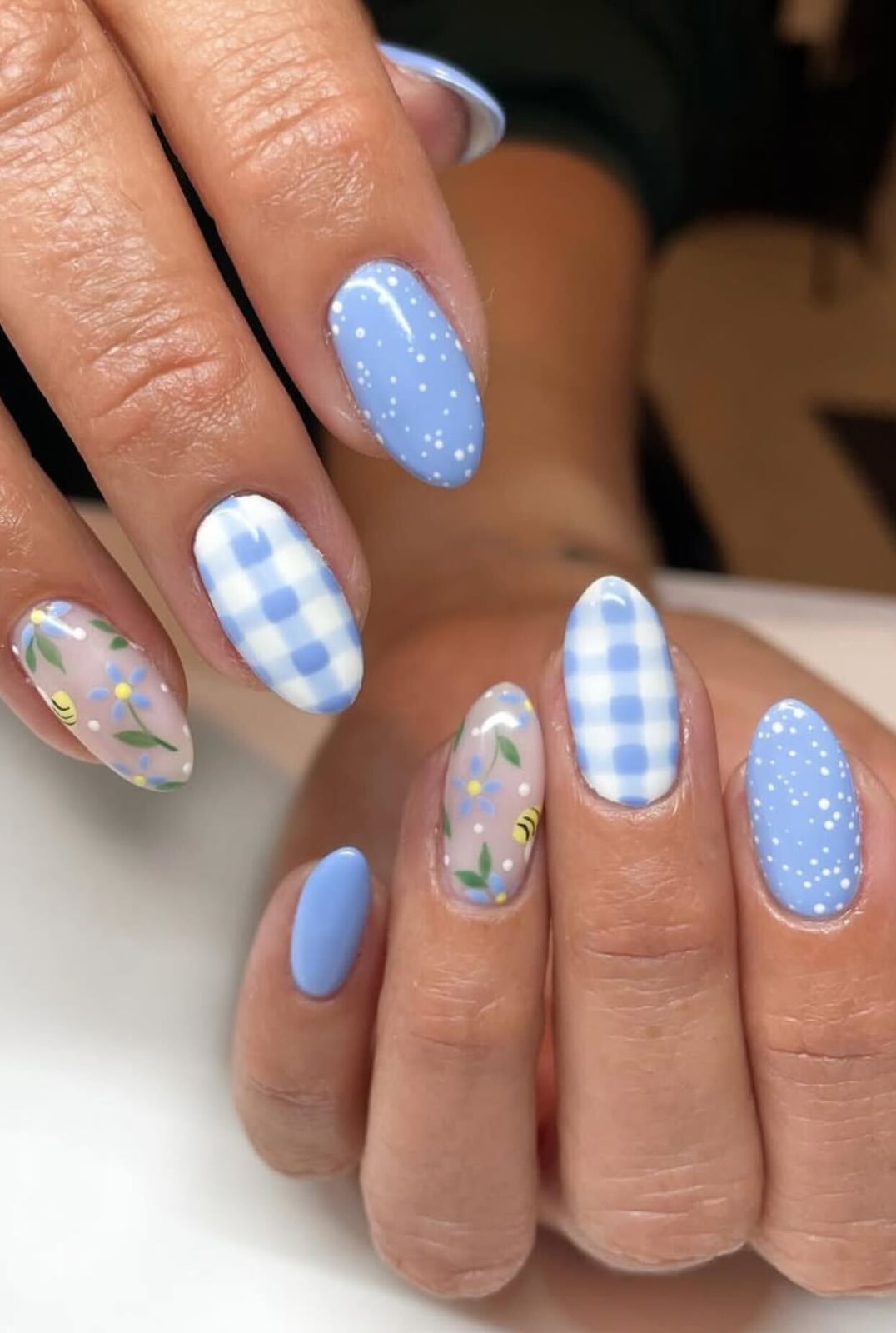 Mixed Pattern Gingham Floral Oval Nails — Cute Trendy Nails