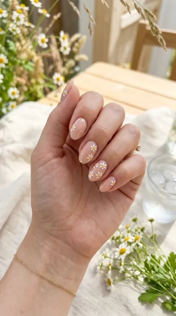 Daisy Flower Short Almond Nails — Cute Trendy Nails