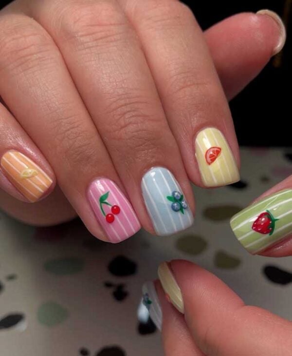 Pastel Fruit Stripe Square Almond Nails — Cute Trendy Nails
