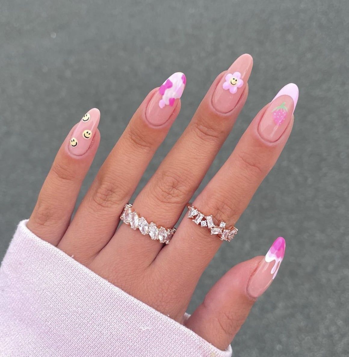 Pink French Tip Smiley Face Almond Nails — Cute Trendy Nails