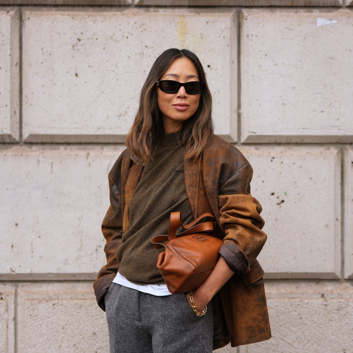 Textured Oversized Jacket with Olive Sweater, Close-Up Take — Cute Unique Outfits