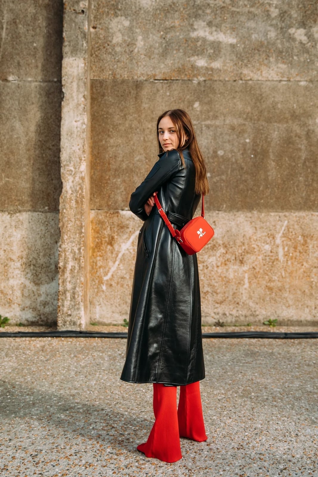 Leather Trench Coat with Red Wide-Leg Trousers — Cute Unique Outfits