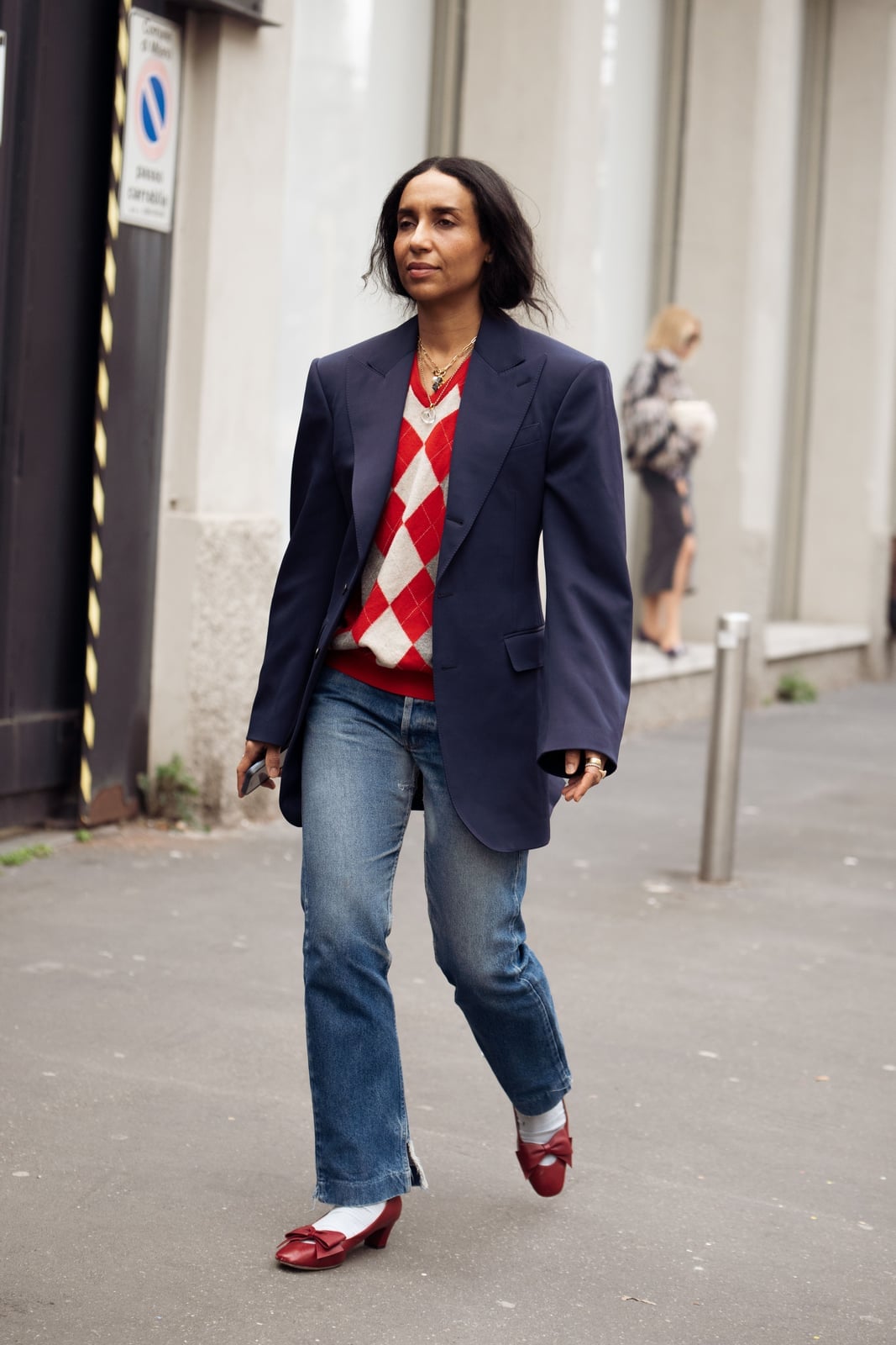 Oversized Navy Blazer with Argyle Sweater — Cute Unique Outfits