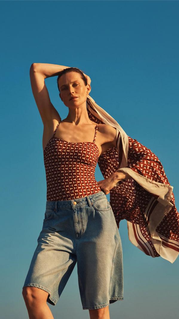 Geometric Print Camisole with Denim Shorts — Cute Unique Outfits