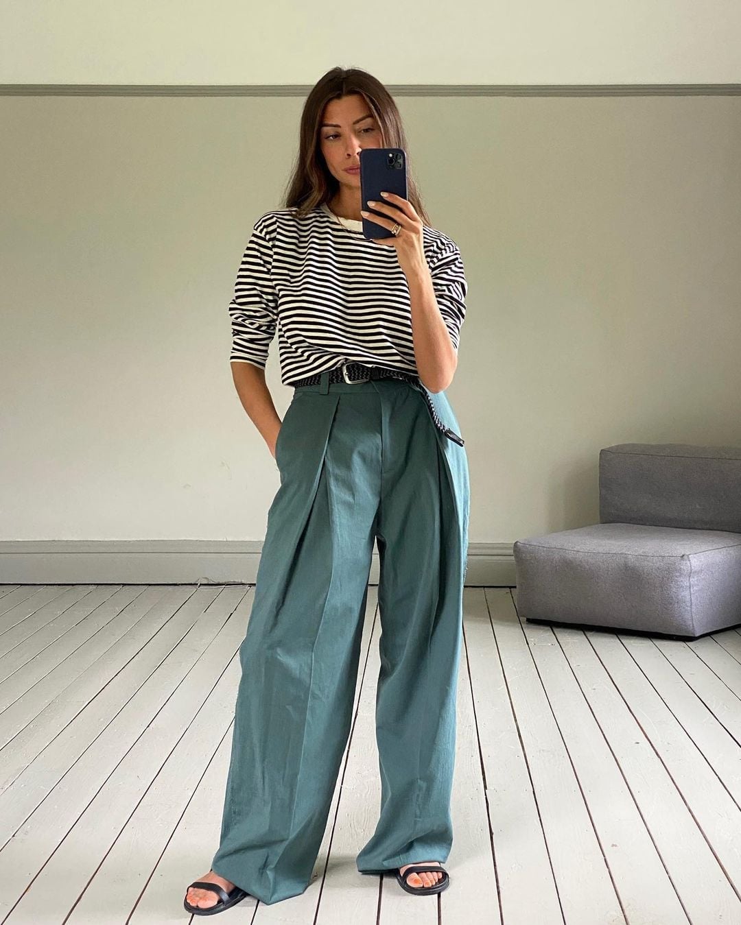 Striped T-Shirt with Teal Wide-Leg Trousers — Cute Unique Outfits