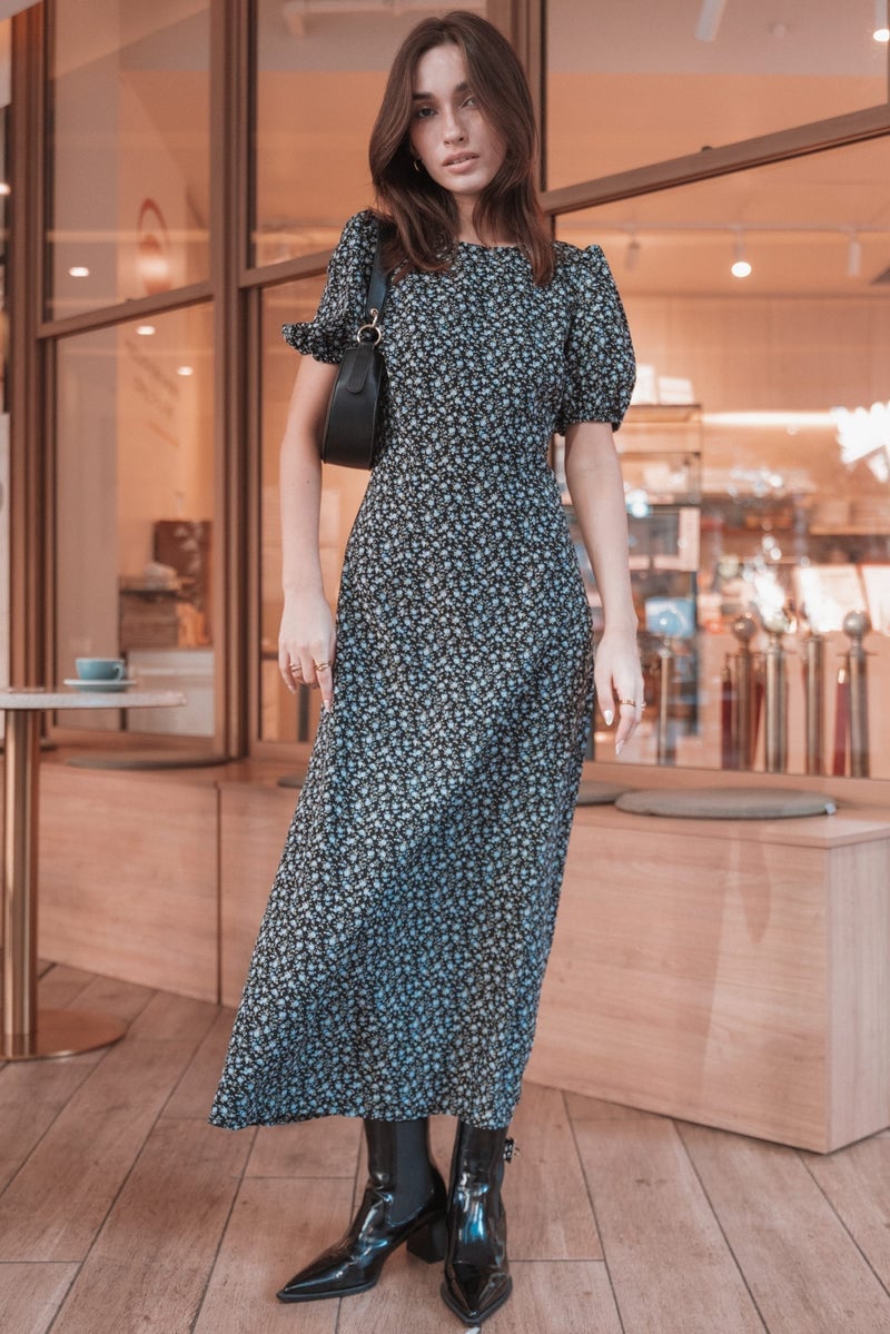 Floral Print Midi Dress with Puff Sleeves and Pointed Toe Boots — Cute Unique Outfits
