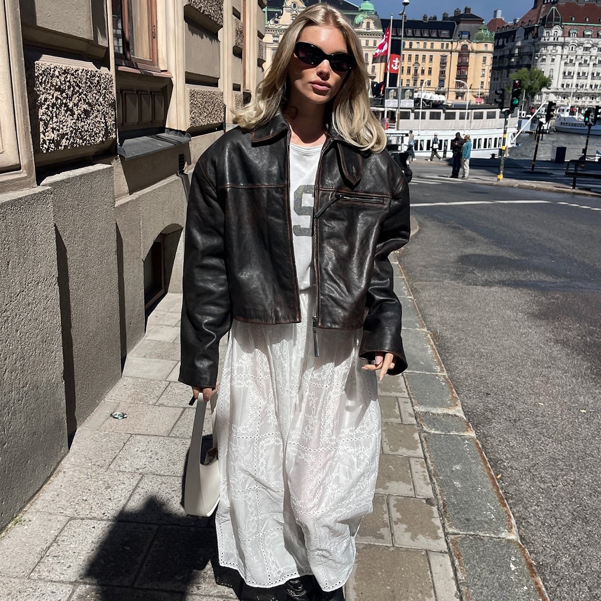 Leather Jacket Over Graphic T-Shirt and Maxi Dress — Cute Unique Outfits