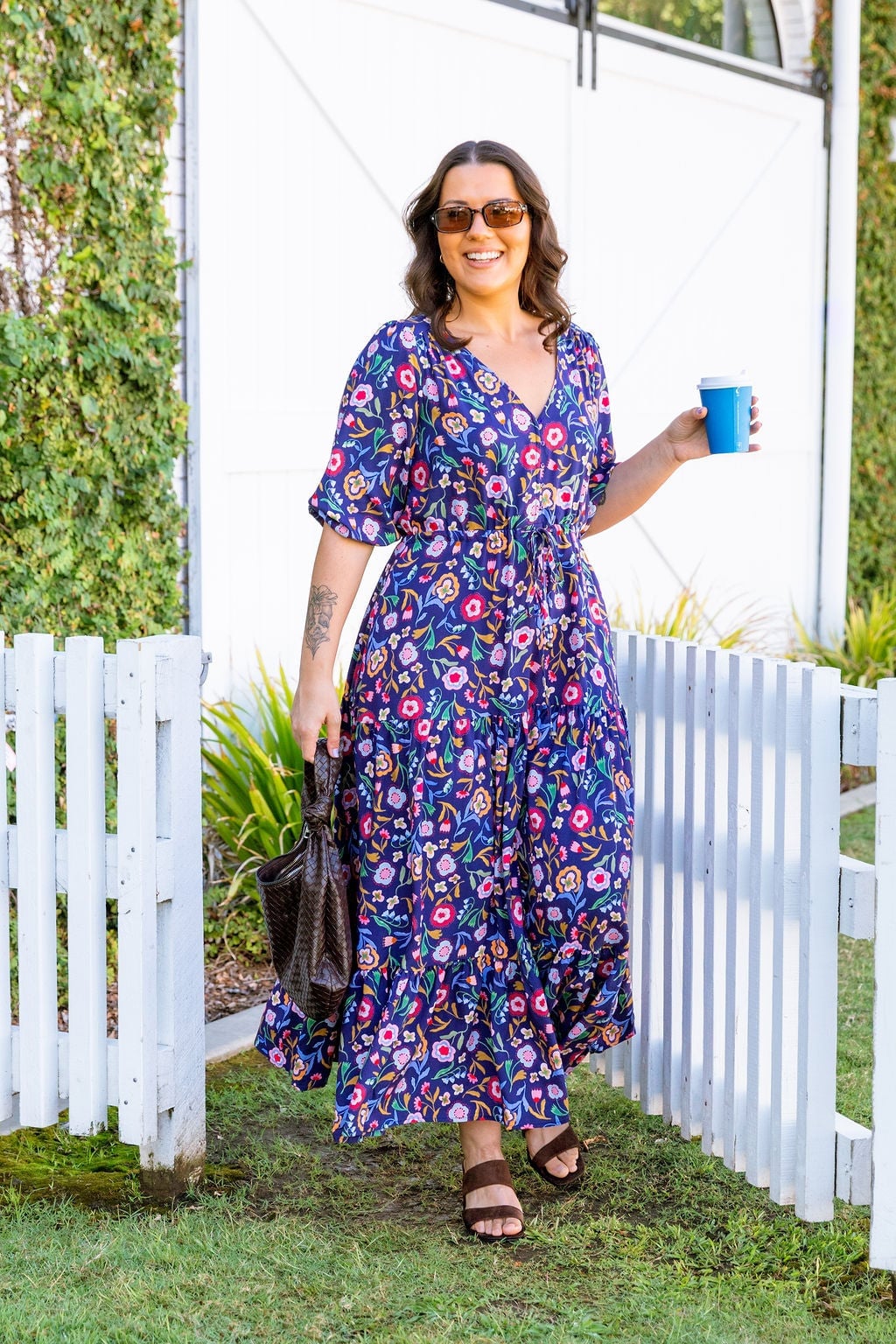 Floral Print Midi Dress with Tie Waist and Brown Slide Sandals — Cute Unique Outfits