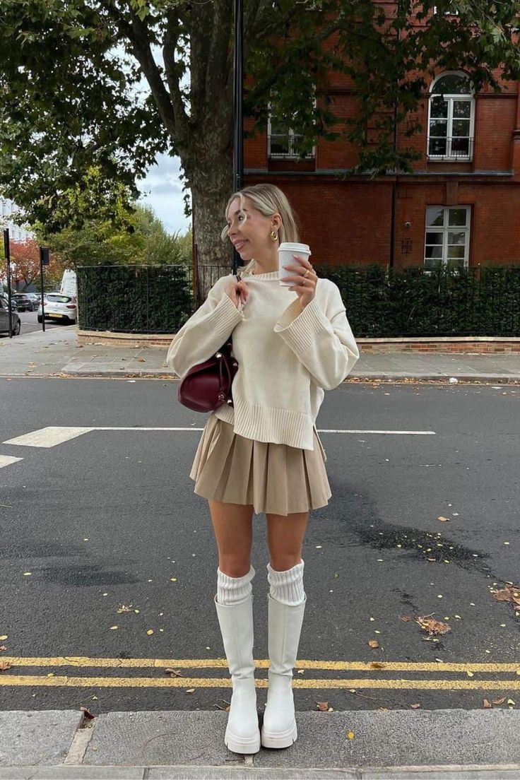 Cream Sweater with Pleated Mini Skirt and Chunky White Boots — Cute Unique Outfits
