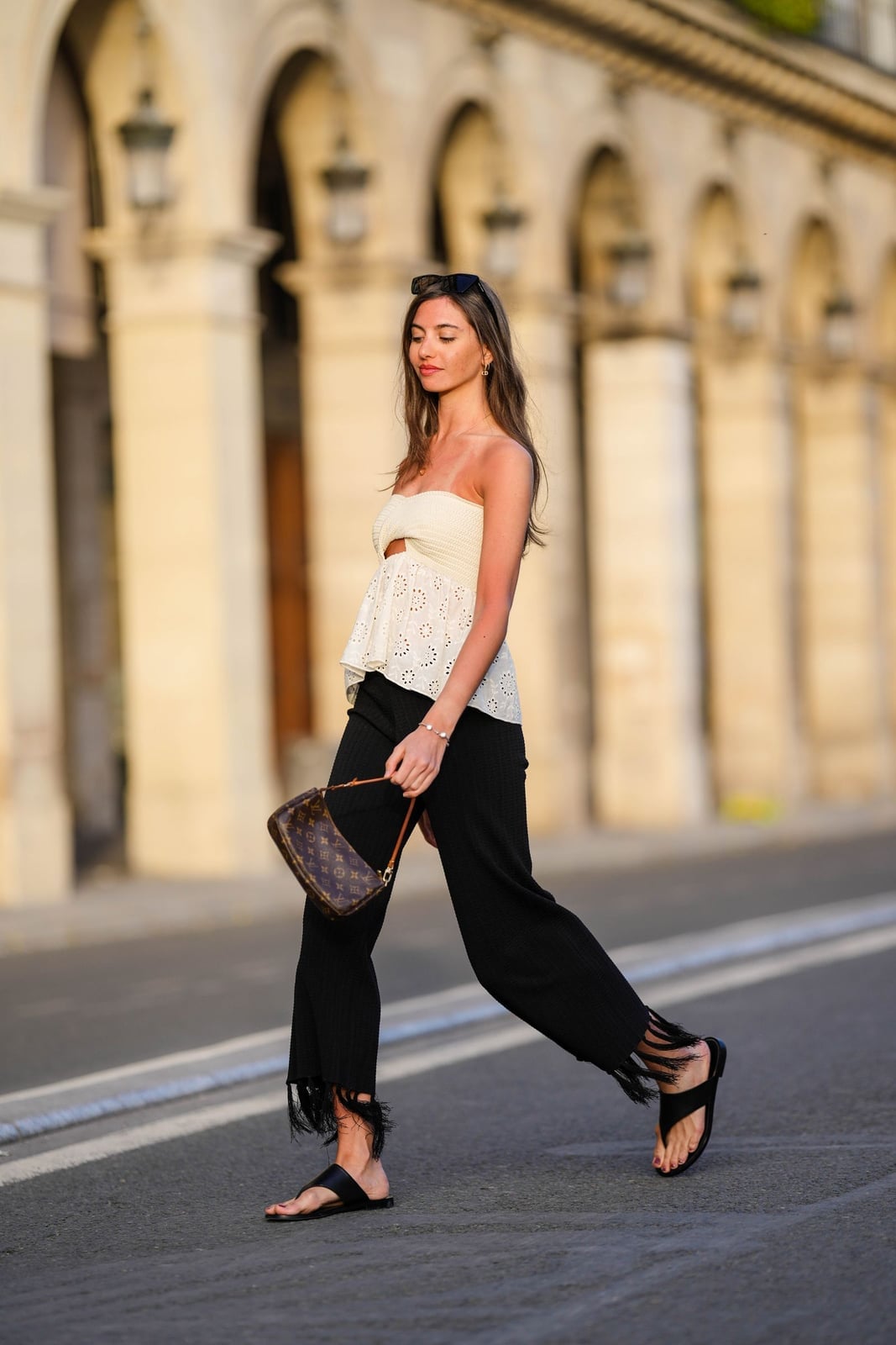 Strapless Eyelet Top with Fringe Hem Trousers — Cute Unique Outfits