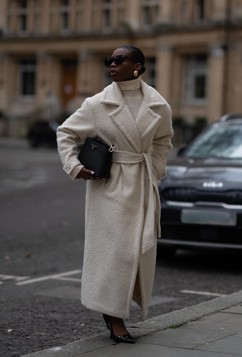 Cream Bouclé Belted Coat with Turtleneck — Cute Unique Outfits