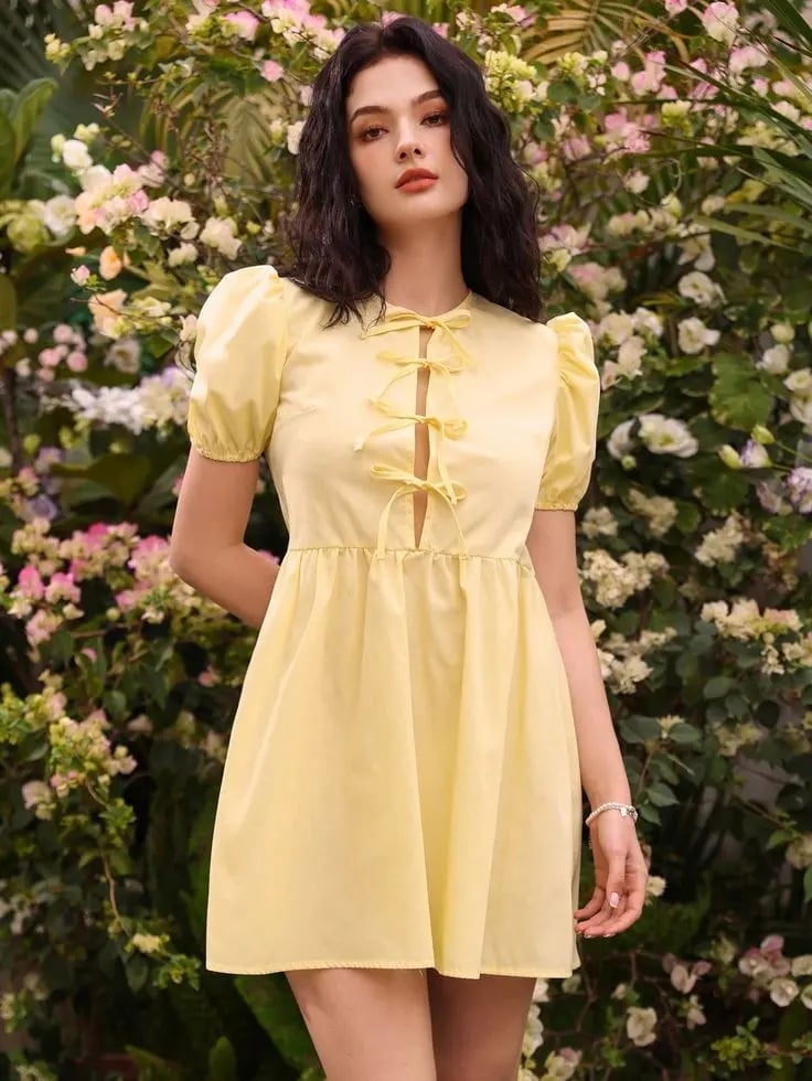 Northline Women's Cute Yellow Bow Front Puff Sleeve Mini Dress – Summer Aesthetic Outfit | Northline