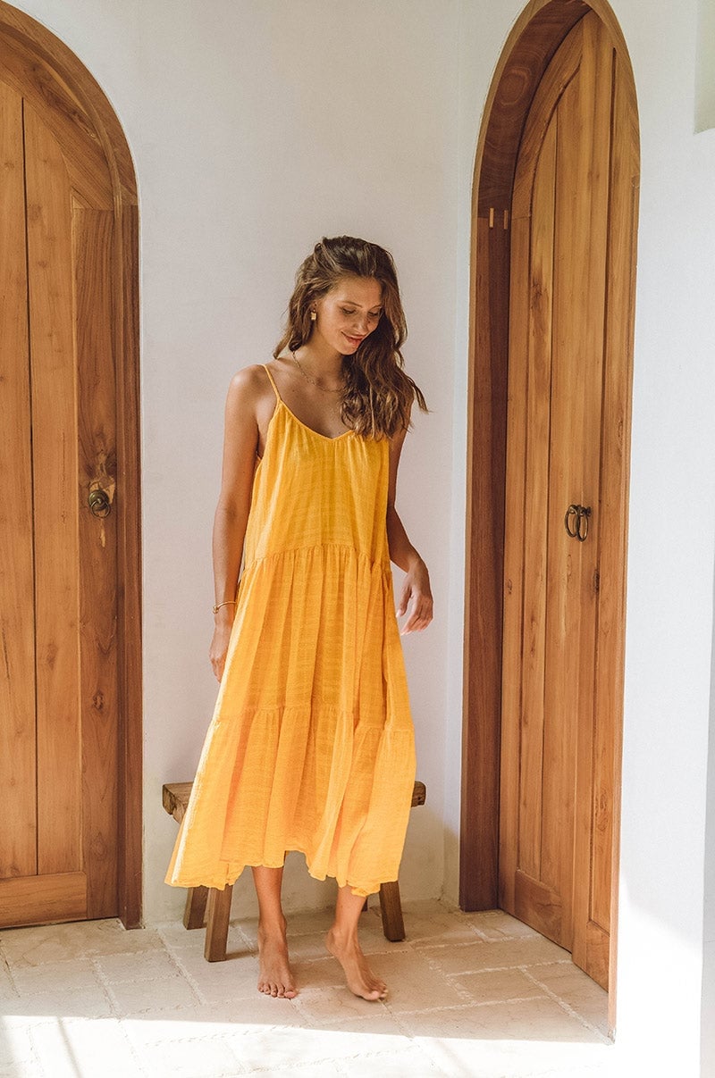 Bright Yellow Tiered A-Line Midi Dress Bright Yellow Tiered A-Line Midi Dress — Cute Yellow Outfits
