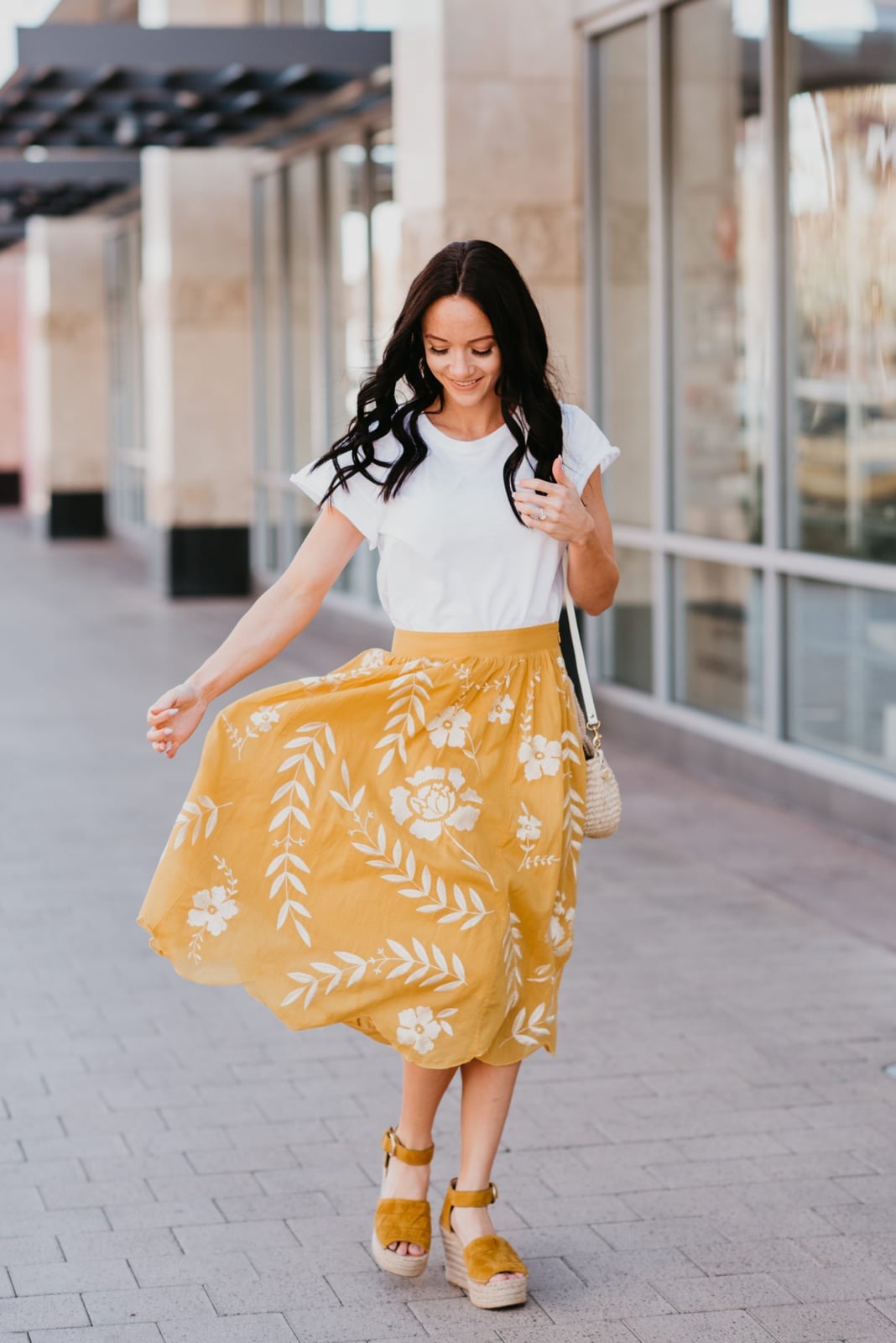Mustard Yellow Midi Skirt With White Floral Print Mustard Yellow Midi Skirt With White Floral Print — Cute Yellow Outfits