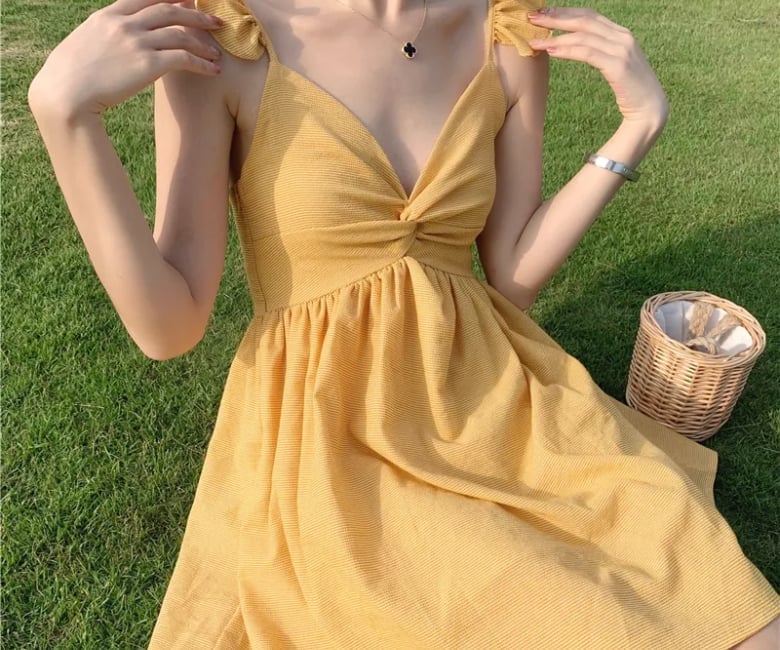 Yellow White Striped Sundress With Ruffled Sleeves Yellow White Striped Sundress With Ruffled Sleeves — Cute Yellow Outfits