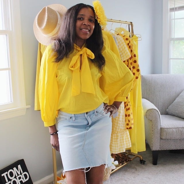 Yellow Bow-Neck Blouse With Denim Pencil Skirt, Close-Up Take Yellow Bow-Neck Blouse With Denim Pencil Skirt, Close-Up Take — Cute Yellow Outfits