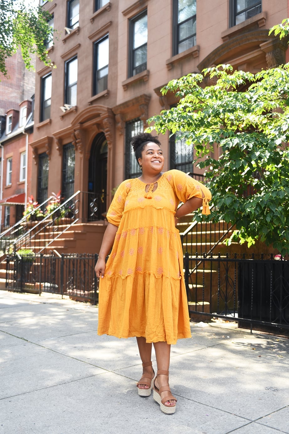 Yellow Tiered Midi Dress With Embroidery and Textured Cotton Yellow Tiered Midi Dress With Embroidery and Textured Cotton — Cute Yellow Outfits