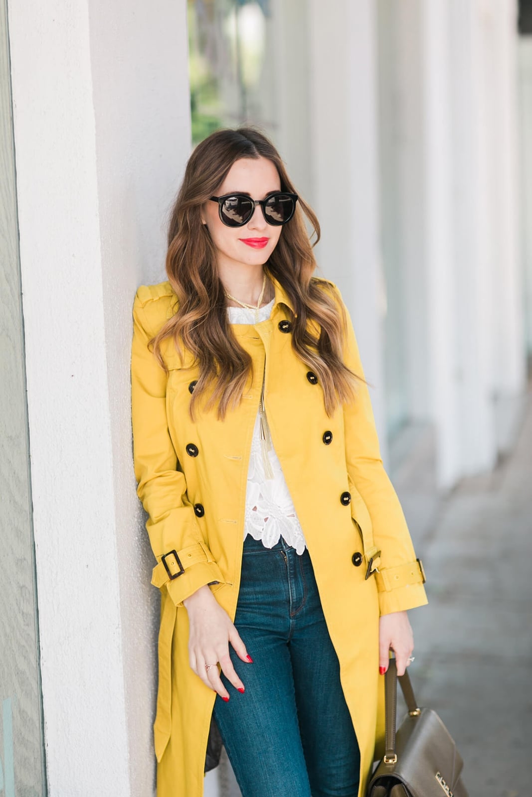 Bright Yellow Trench Coat Over White Lace Top Bright Yellow Trench Coat Over White Lace Top — Cute Yellow Outfits