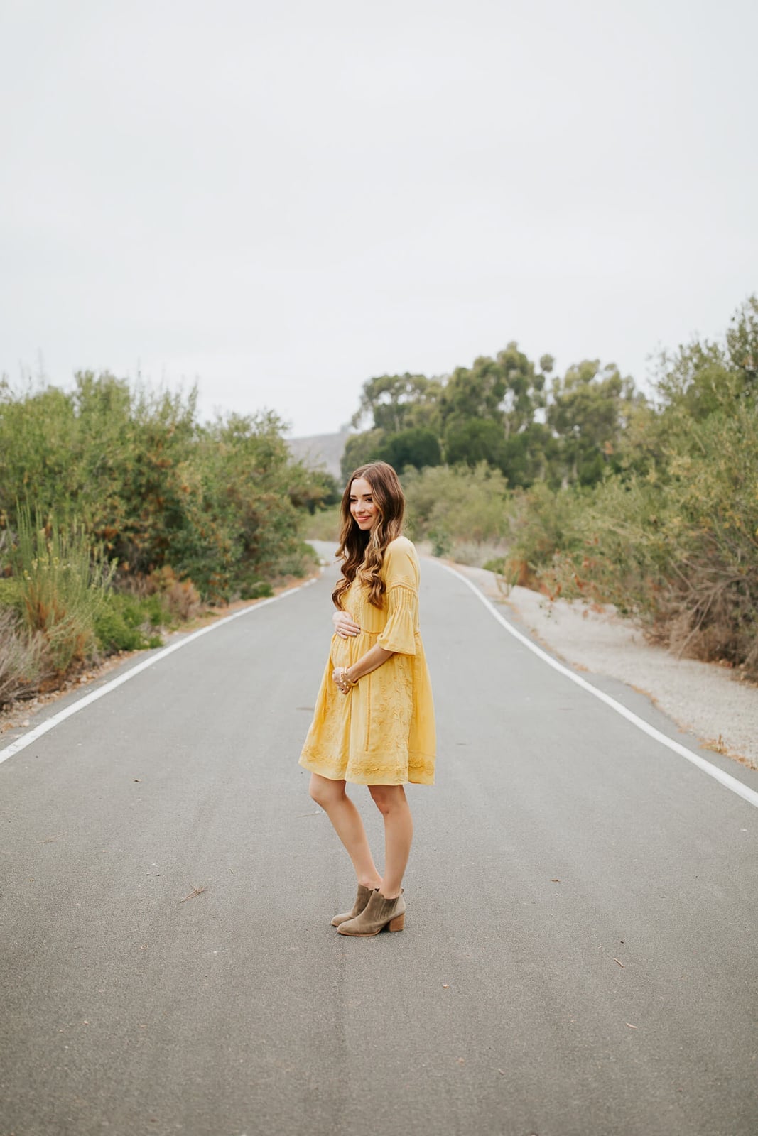 Yellow A-Line Midi Dress With Beige Ankle Boots, Close-Up Take Yellow A-Line Midi Dress With Beige Ankle Boots, Close-Up Take — Cute Yellow Outfits
