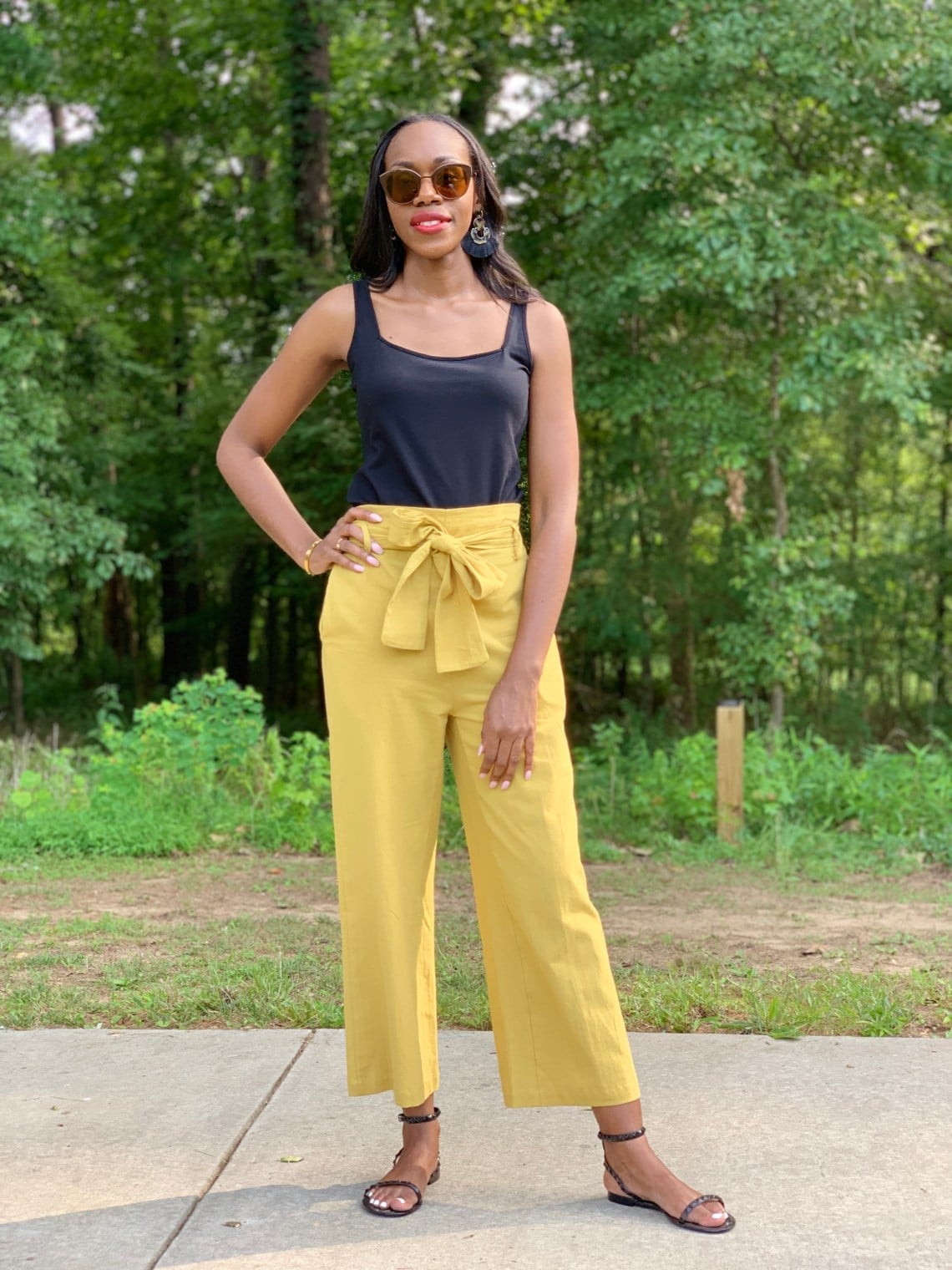 Yellow Paperbag Waist Wide-Leg Pants With Black Tank Top Yellow Paperbag Waist Wide-Leg Pants With Black Tank Top — Cute Yellow Outfits