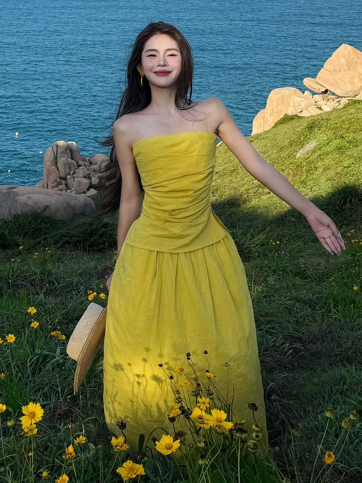 Yellow Linen Strapless Column Maxi Dress With Ruched Bodice Yellow Linen Strapless Column Maxi Dress With Ruched Bodice — Cute Yellow Outfits