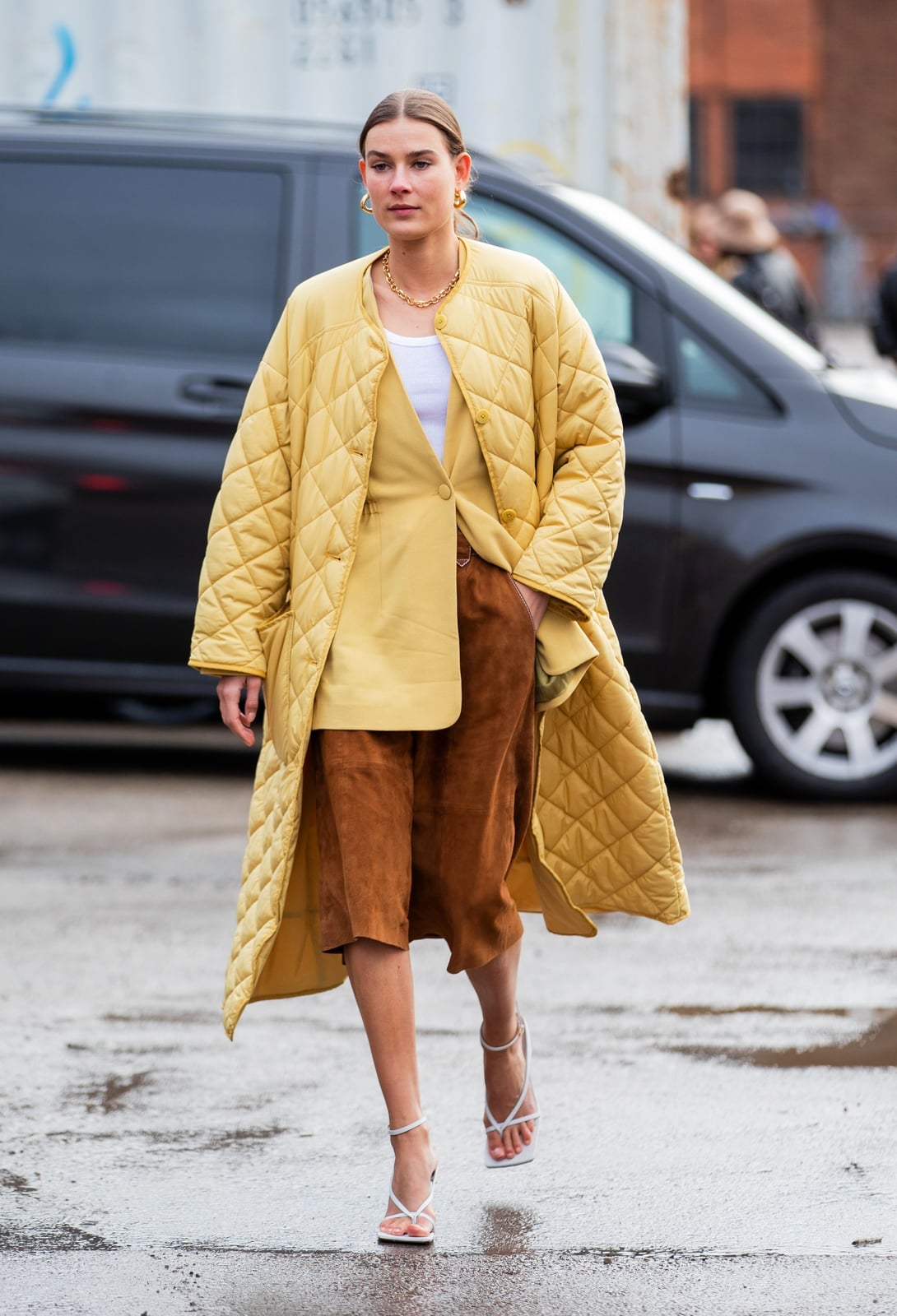 Yellow Quilted Coat Over Yellow Blazer And Brown Culottes Yellow Quilted Coat Over Yellow Blazer And Brown Culottes — Cute Yellow Outfits