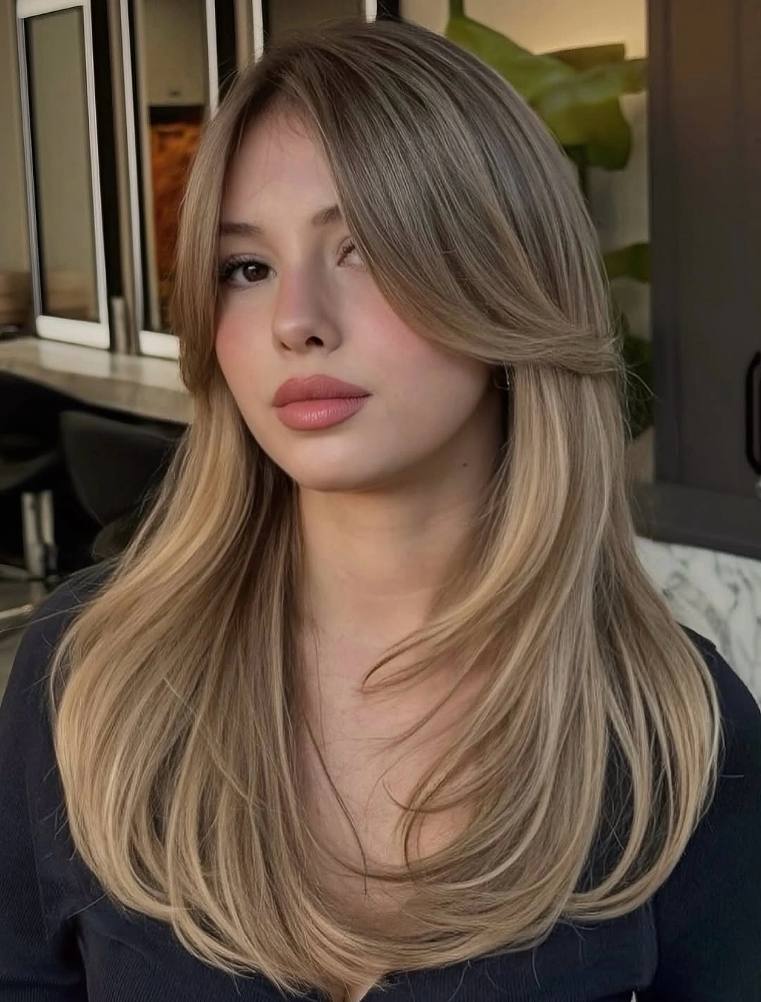 Long beige blonde hair with darker roots and sweeping curtain layers