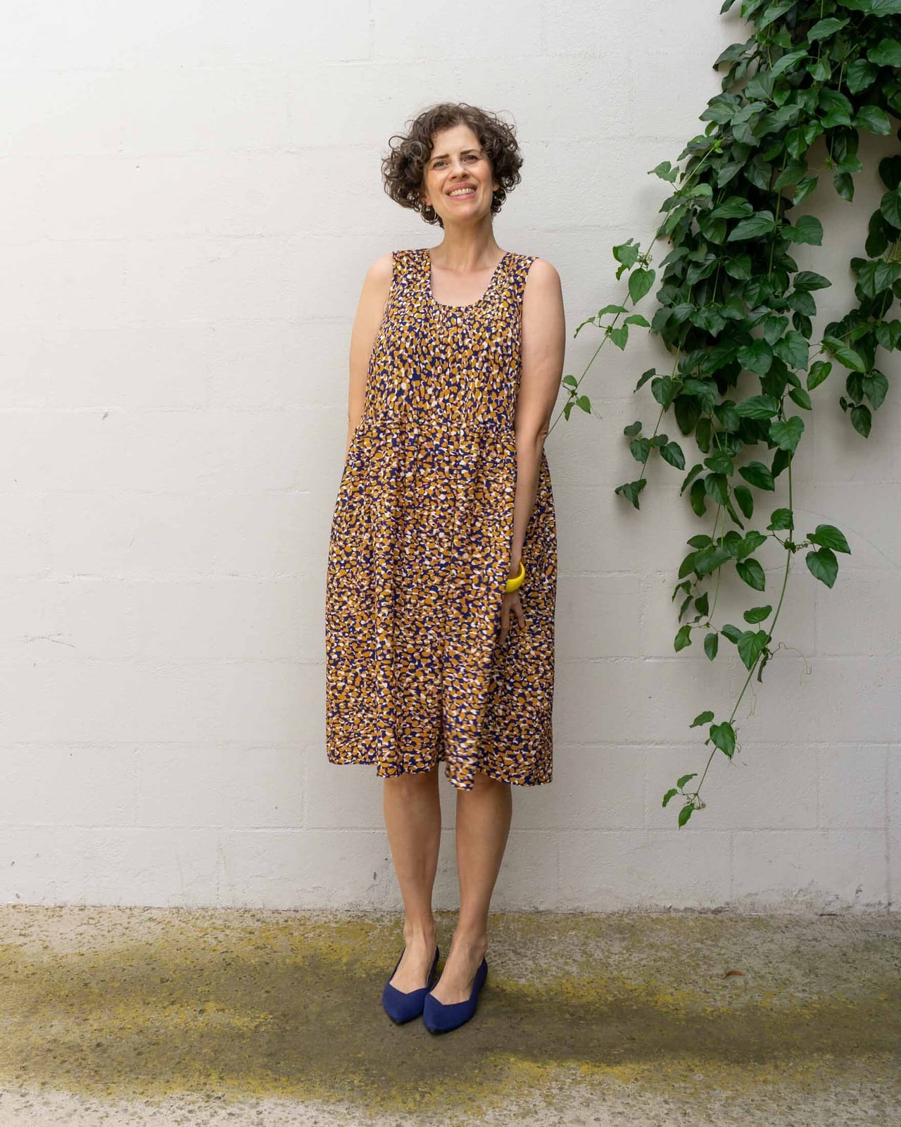 Yellow Navy White Textured Print Sleeveless, Office-Safe Version Yellow Navy White Textured Print Sleeveless, Office-Safe Version — DIY Dress Designs