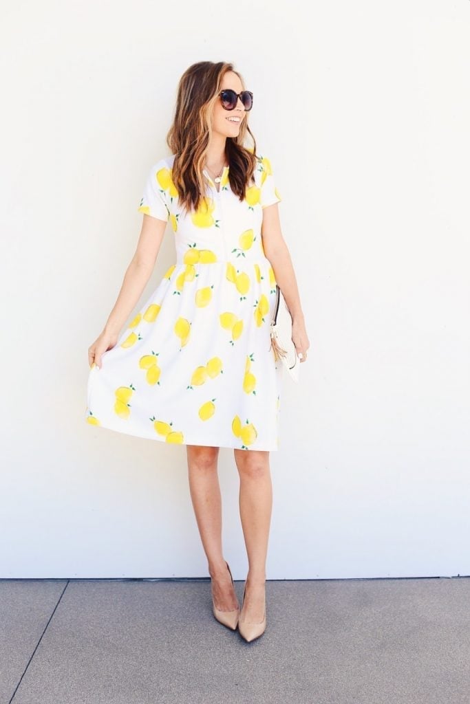 Short Sleeve Fit and Flare Dress With Lemon Print, Close-Up Take Short Sleeve Fit and Flare Dress With Lemon Print, Close-Up Take — DIY Dress Designs