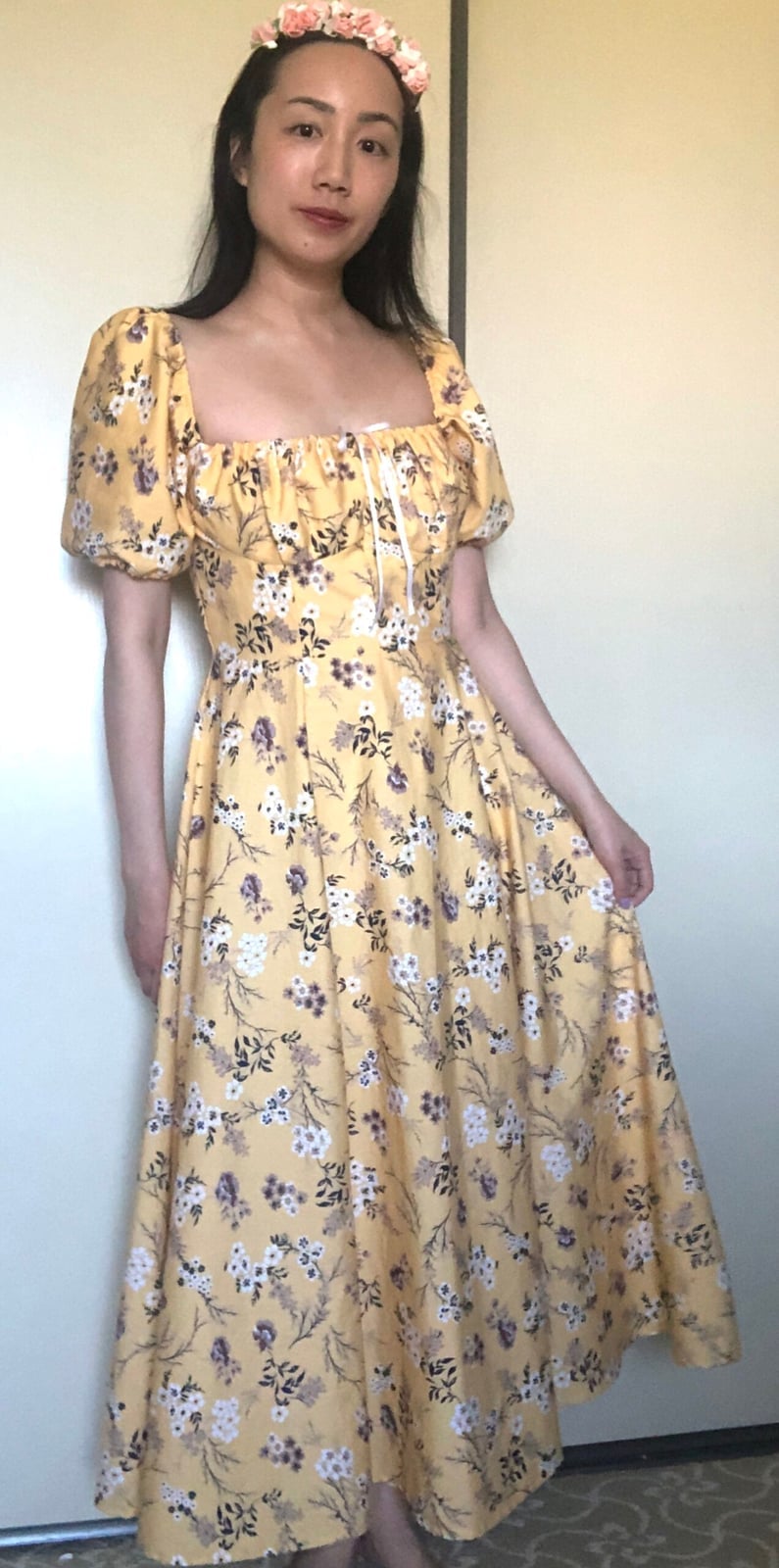 Yellow Puff Sleeve Midi Dress With Floral Print and Tie Detail Yellow Puff Sleeve Midi Dress With Floral Print and Tie Detail — DIY Dress Designs